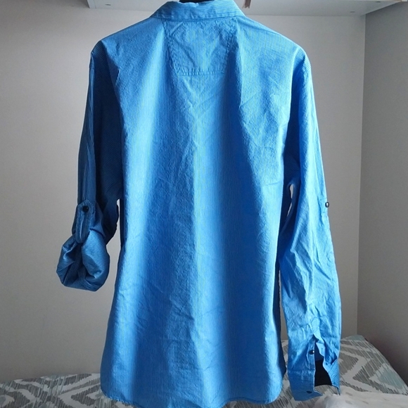 Motorgear Men's Size XL Button Up  Striped Blue Long Roll-up Sleeve Tab Shirt - Picture 4 of 9